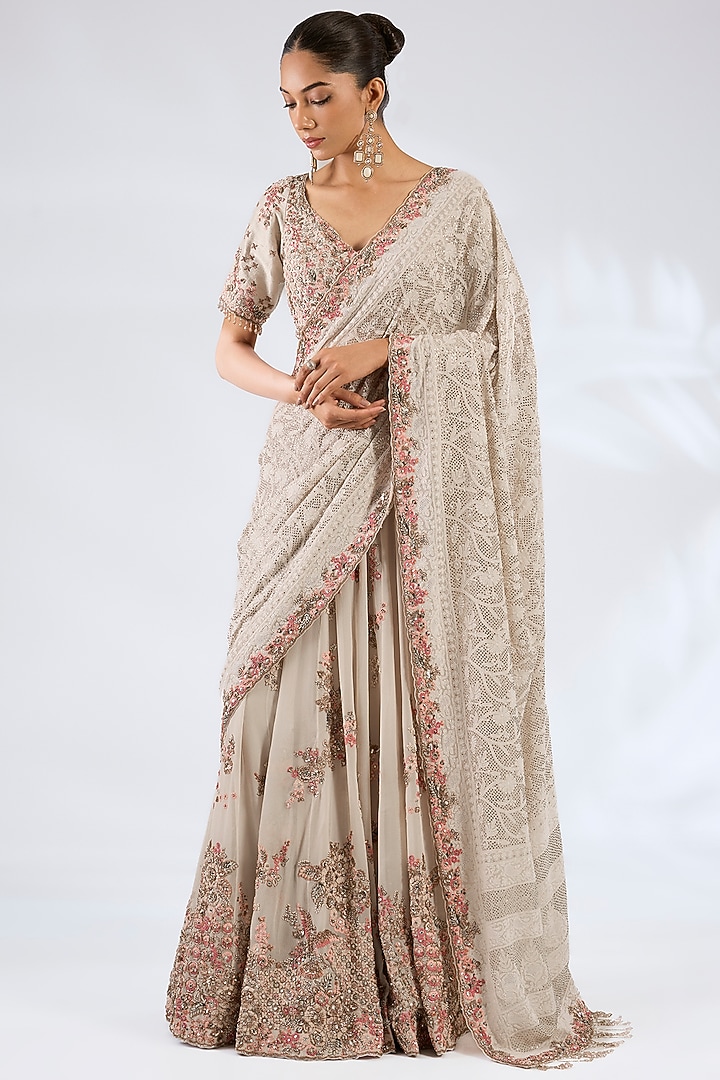 Ivory Chiffon Kamdani & Chikankari Kalidar Bridal Saree Set by Dolly J at Pernia's Pop Up Shop