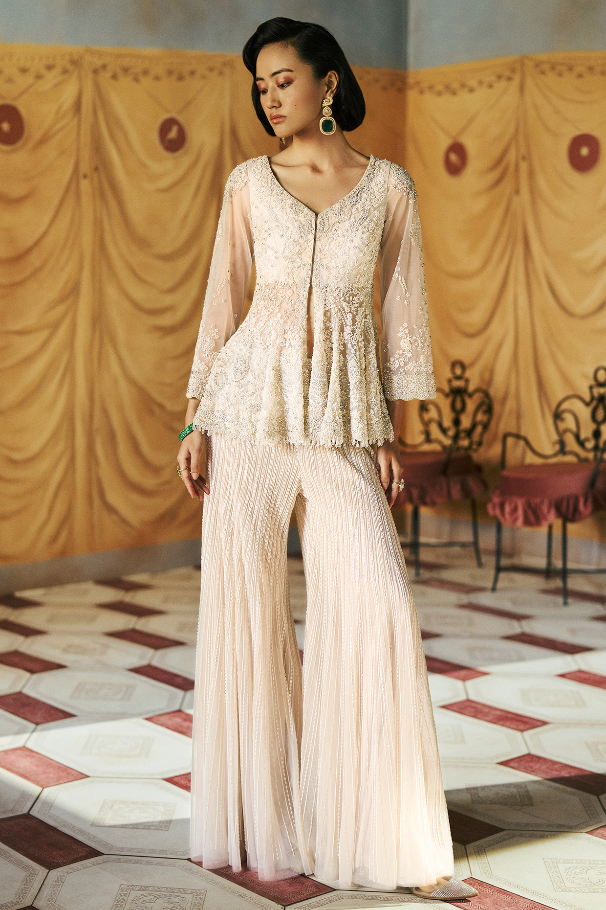 Ivory Net Pearl Embroidered Bridal Sharara Set by Dolly J at Pernia's Pop Up Shop