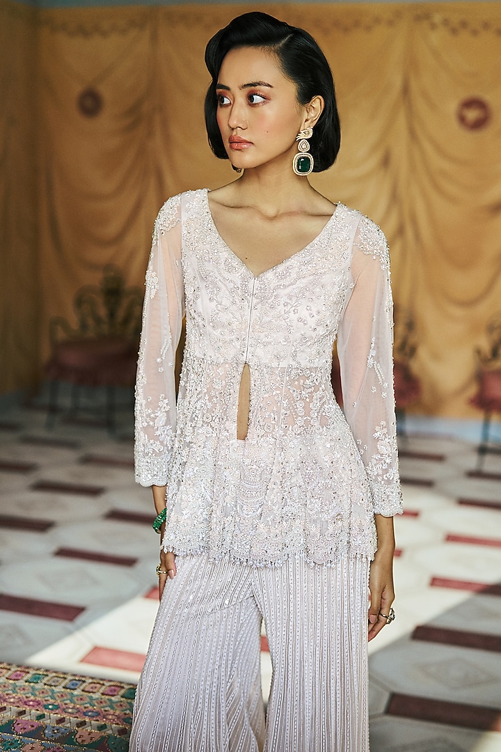Ivory Net Pearl Embroidered Bridal Sharara Set by Dolly J at Pernia's Pop Up Shop