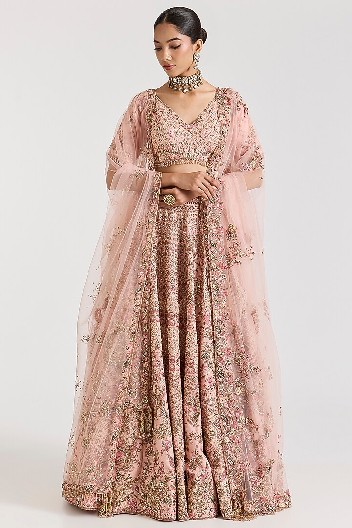 Blush Pink Silk Dori & Zardosi Embroidered Bridal Lehenga Set by Dolly J at Pernia's Pop Up Shop