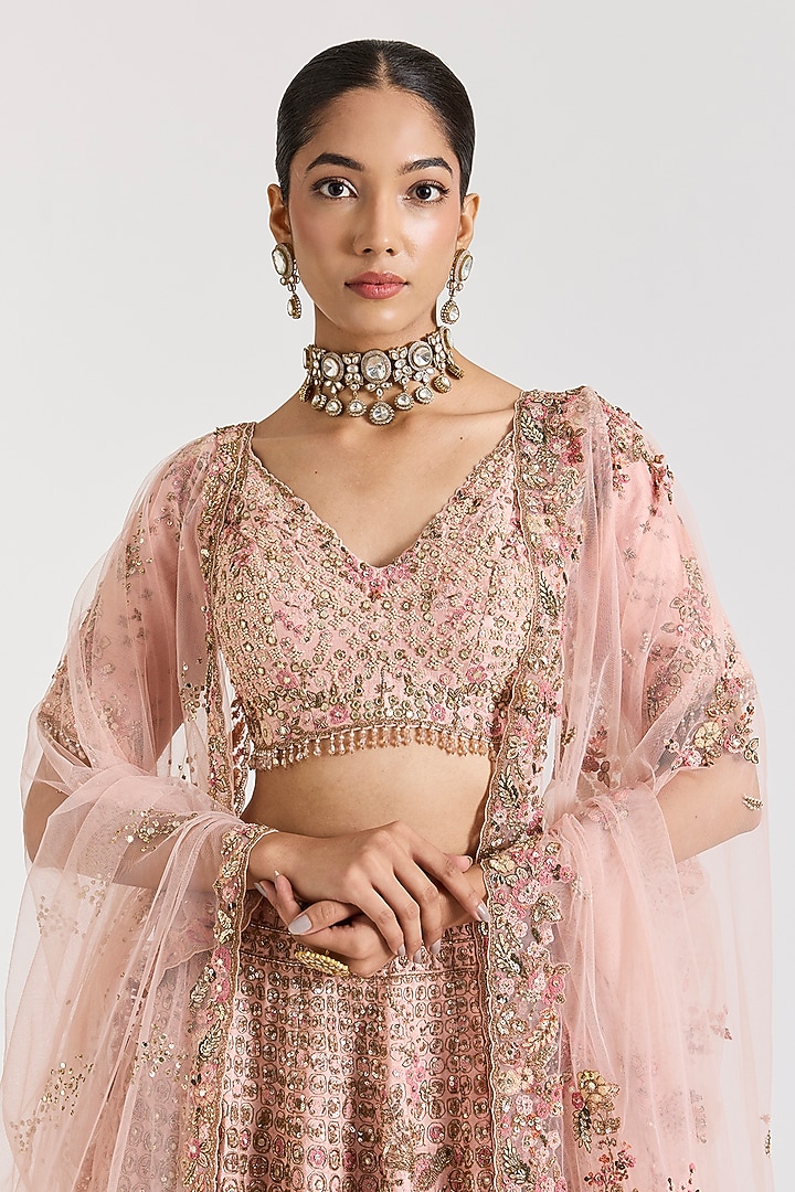Blush Pink Silk Dori & Zardosi Embroidered Bridal Lehenga Set by Dolly J at Pernia's Pop Up Shop