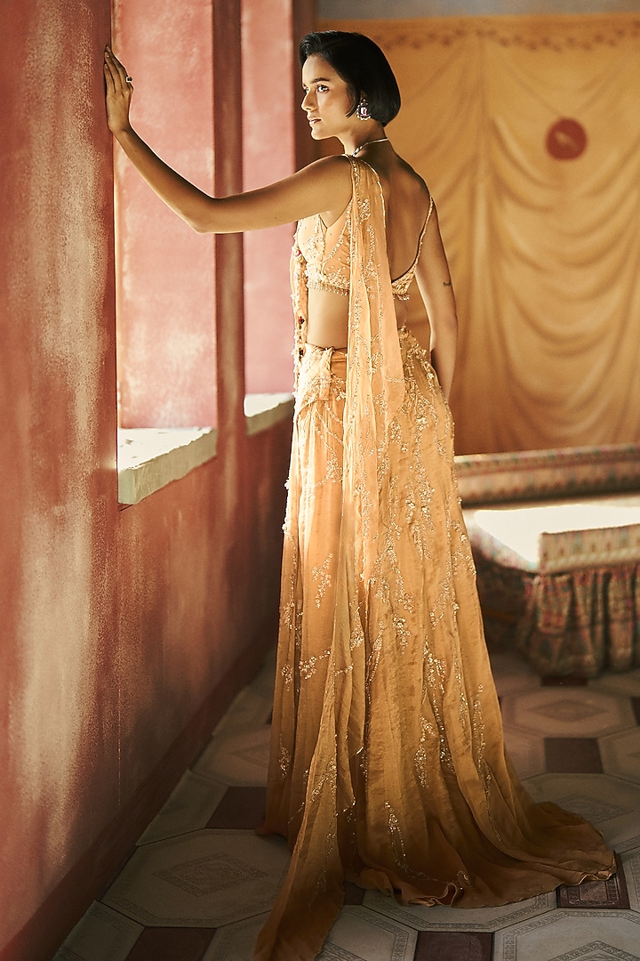 Champagne Tissue Dori Embroidered Draped Bridal Saree Set by Dolly J at Pernia's Pop Up Shop