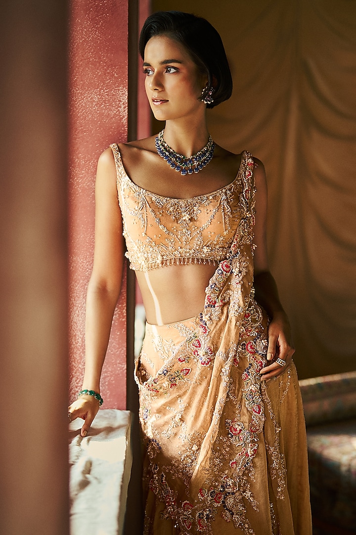 Champagne Tissue Dori Embroidered Draped Bridal Saree Set by Dolly J at Pernia's Pop Up Shop