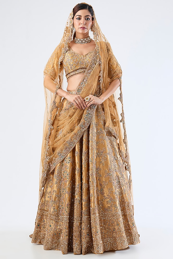 Golden Tissue Embroidered Bridal Lehenga Set by Dolly J at Pernia's Pop Up Shop