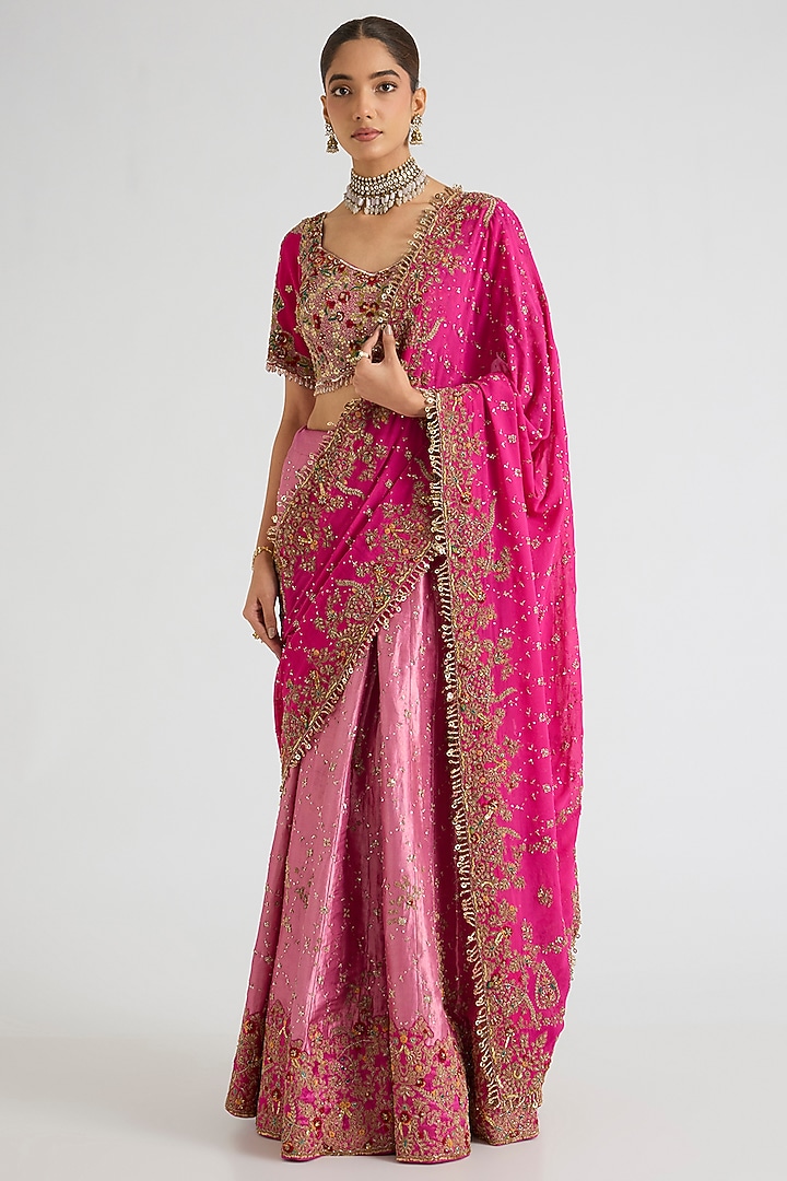 Blush & Fuchsia Tissue & Chiffon Kalidar Bridal Saree Set by Dolly J at Pernia's Pop Up Shop