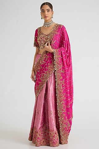 Blush & Fuchsia Tissue & Chiffon Kalidar Saree Set by Dolly J