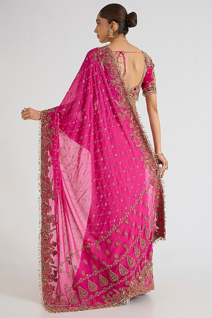 Blush & Fuchsia Tissue & Chiffon Kalidar Bridal Saree Set by Dolly J at Pernia's Pop Up Shop