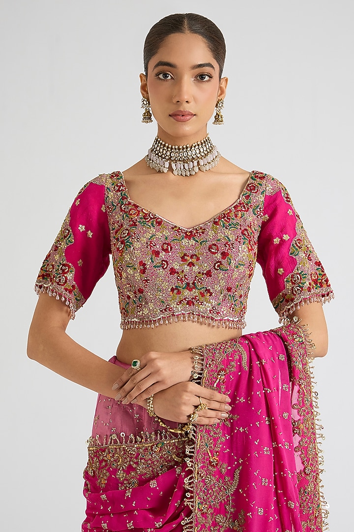 Blush & Fuchsia Tissue & Chiffon Kalidar Bridal Saree Set by Dolly J at Pernia's Pop Up Shop