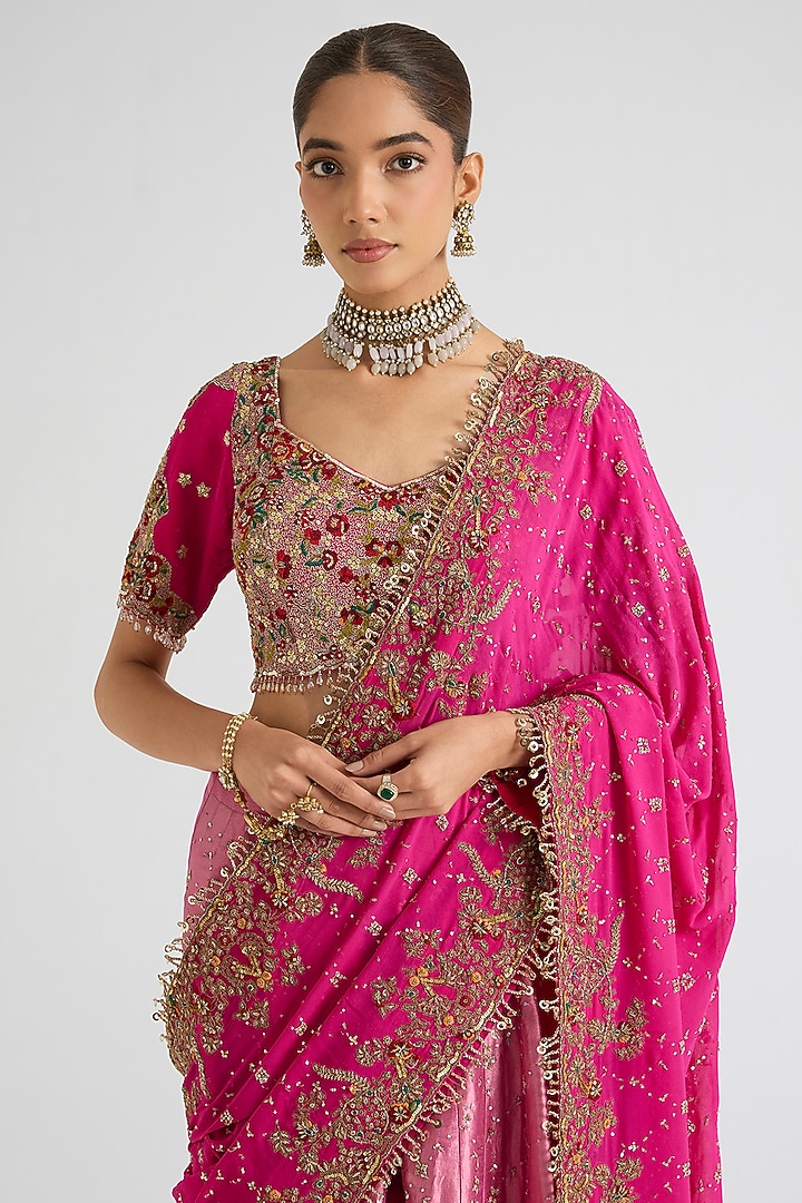 Blush & Fuchsia Tissue & Chiffon Kalidar Bridal Saree Set by Dolly J at Pernia's Pop Up Shop