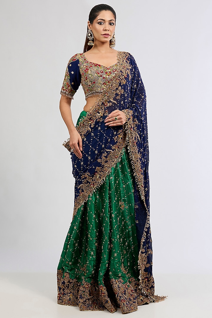 Emerald & Navy Tissue Bridal Saree Set by Dolly J at Pernia's Pop Up Shop