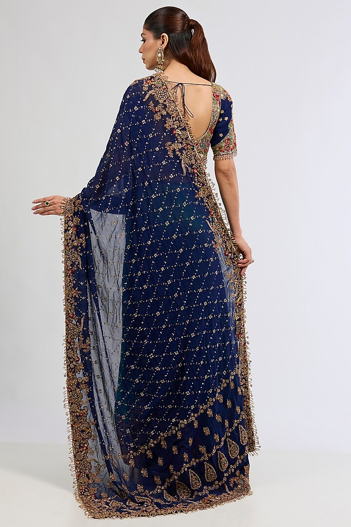 Emerald & Navy Tissue Bridal Saree Set by Dolly J at Pernia's Pop Up Shop