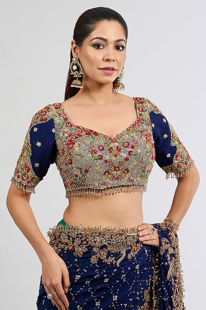 Emerald & Navy Tissue Bridal Saree Set by Dolly J at Pernia's Pop Up Shop