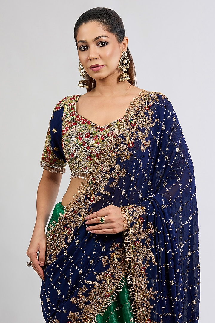 Emerald & Navy Tissue Bridal Saree Set by Dolly J at Pernia's Pop Up Shop