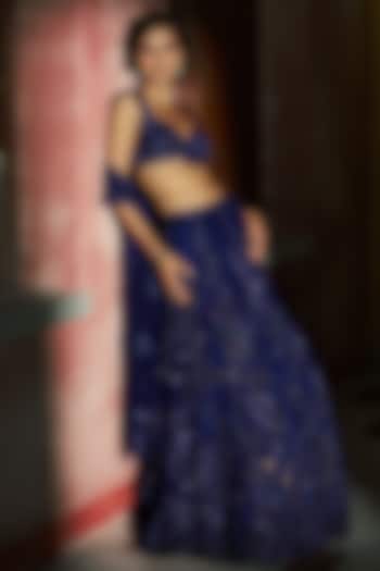 Midnight Blue Tulle Dori Embroidered Bridal Lehenga Set by Dolly J at Pernia's Pop Up Shop