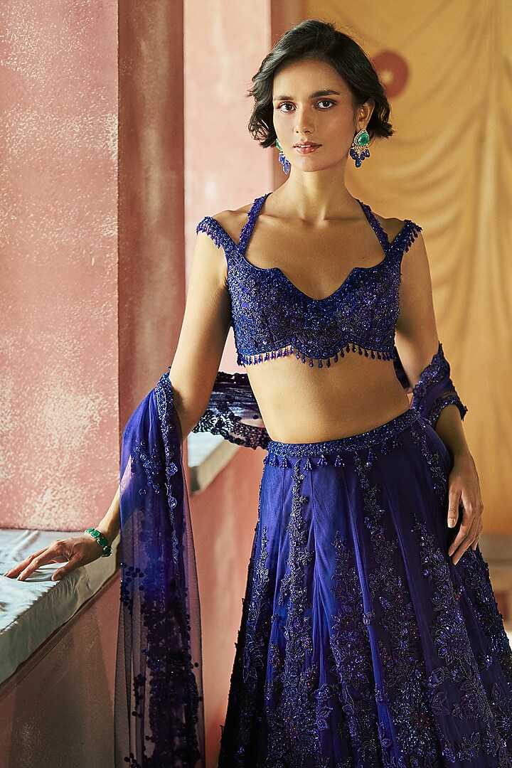 Midnight Blue Tulle Dori Embroidered Bridal Lehenga Set by Dolly J at Pernia's Pop Up Shop