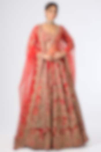 Red Raw Silk Heirloom Embroidered Bridal Lehenga Set by Dolly J at Pernia's Pop Up Shop