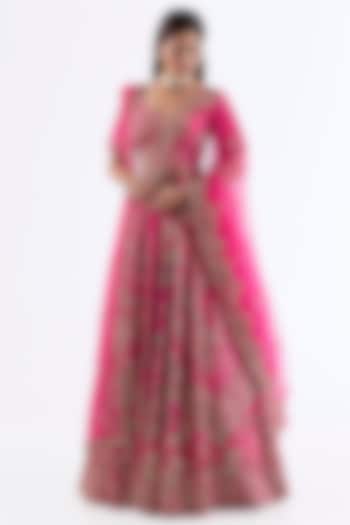 Fuchsia Pink Raw Silk Embroidered Bridal Lehenga Set by Dolly J at Pernia's Pop Up Shop