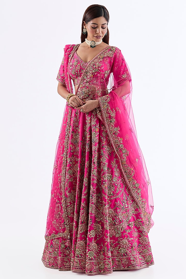 Fuchsia Pink Raw Silk Embroidered Bridal Lehenga Set by Dolly J at Pernia's Pop Up Shop