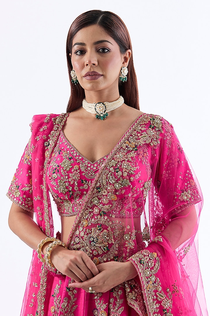 Fuchsia Pink Raw Silk Embroidered Bridal Lehenga Set by Dolly J at Pernia's Pop Up Shop