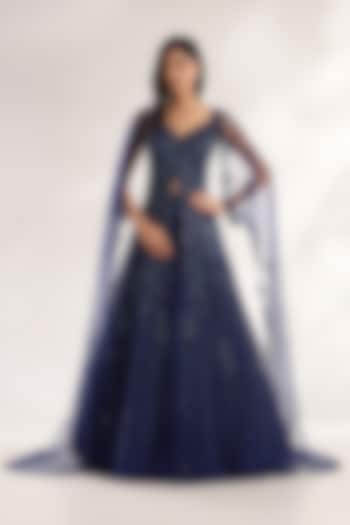 Midnight Blue Chiffon 3D Embellished Skirt Set by Dolly J at Pernia's Pop Up Shop