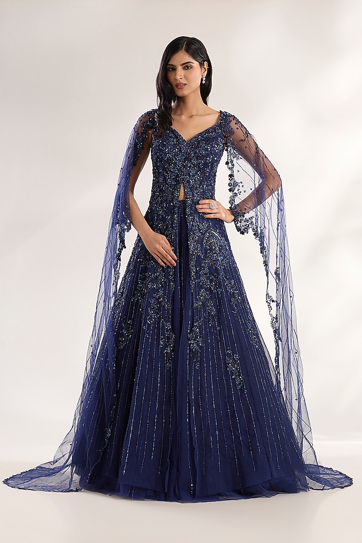 Midnight Blue Chiffon 3D Embellished Skirt Set by Dolly J at Pernia's Pop Up Shop