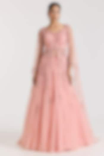 Rose Pink Chiffon 3D Dori Embellished Skirt Set by Dolly J at Pernia's Pop Up Shop