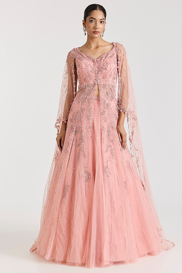 Rose Pink Chiffon 3D Dori Embellished Skirt Set by Dolly J at Pernia's Pop Up Shop