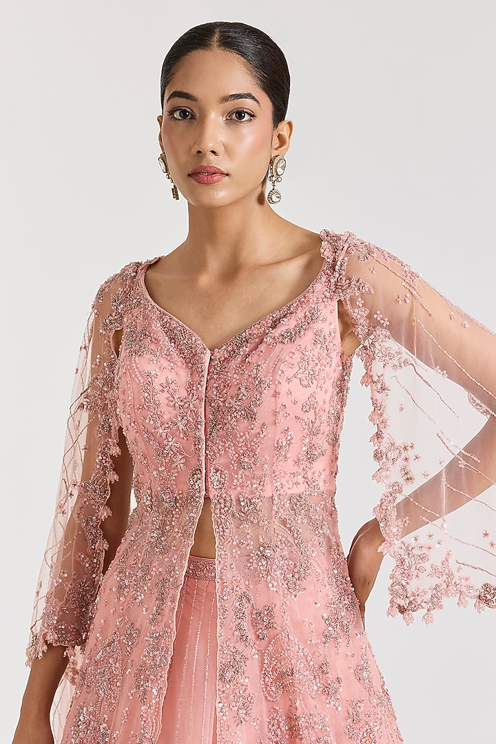 Rose Pink Chiffon 3D Dori Embellished Skirt Set by Dolly J at Pernia's Pop Up Shop