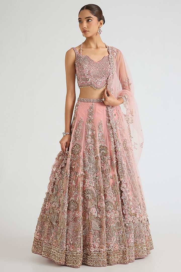 Blush Pink Net Dori Embroidered Bridal Lehenga Set by Dolly J at Pernia's Pop Up Shop