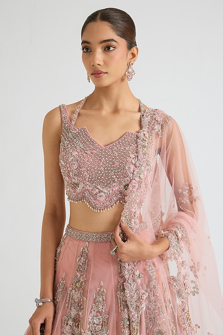 Blush Pink Net Dori Embroidered Bridal Lehenga Set by Dolly J at Pernia's Pop Up Shop