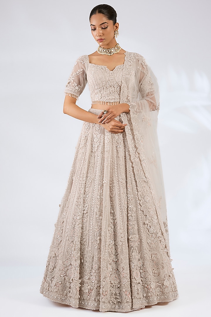 Ivory Net Kiran Dori & Floral Embroidered Bridal Lehenga Set by Dolly J at Pernia's Pop Up Shop