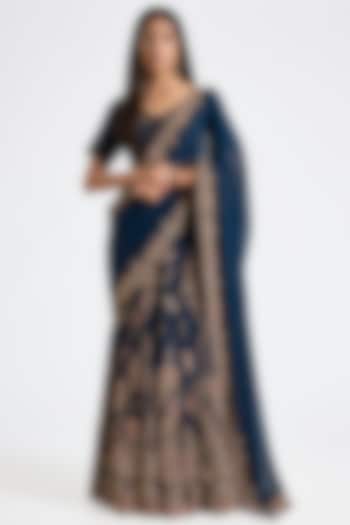 Navy Blue Chiffon Kasab & Kamdani Embroidered Bridal Saree Set by Dolly J at Pernia's Pop Up Shop