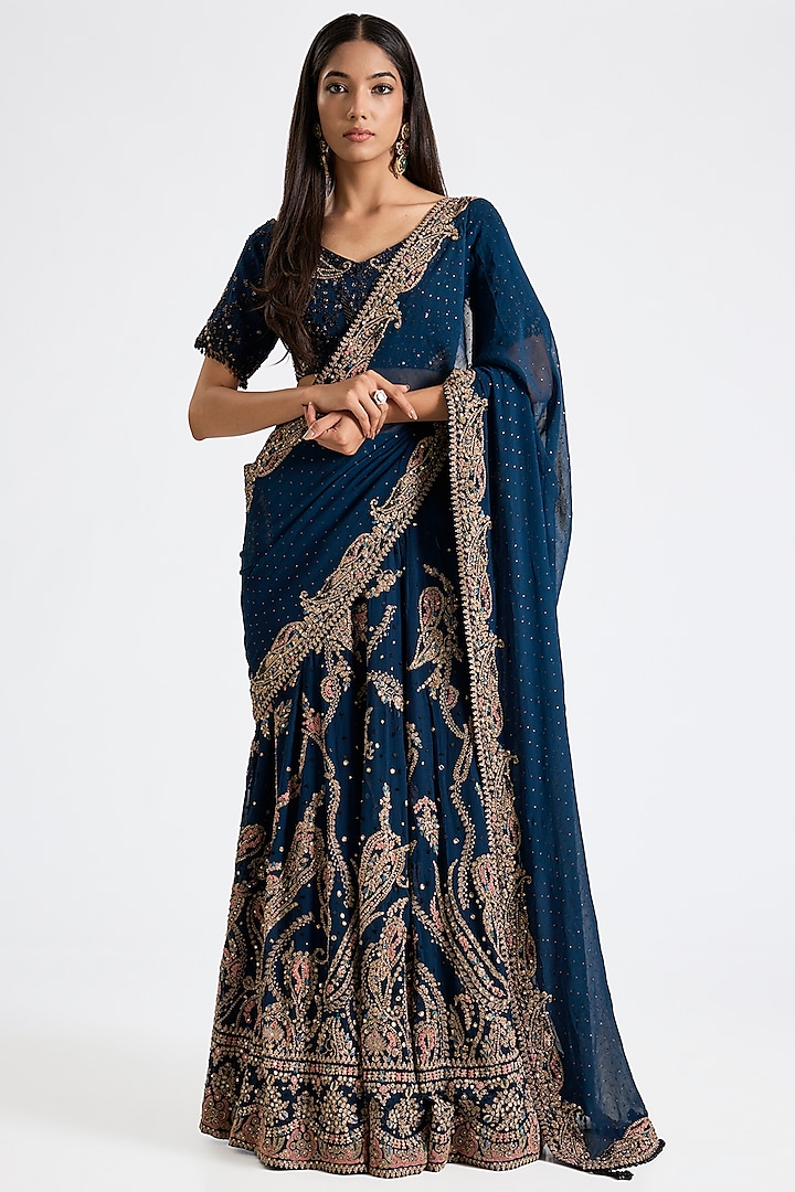 Navy Blue Chiffon Kasab & Kamdani Embroidered Bridal Saree Set by Dolly J at Pernia's Pop Up Shop