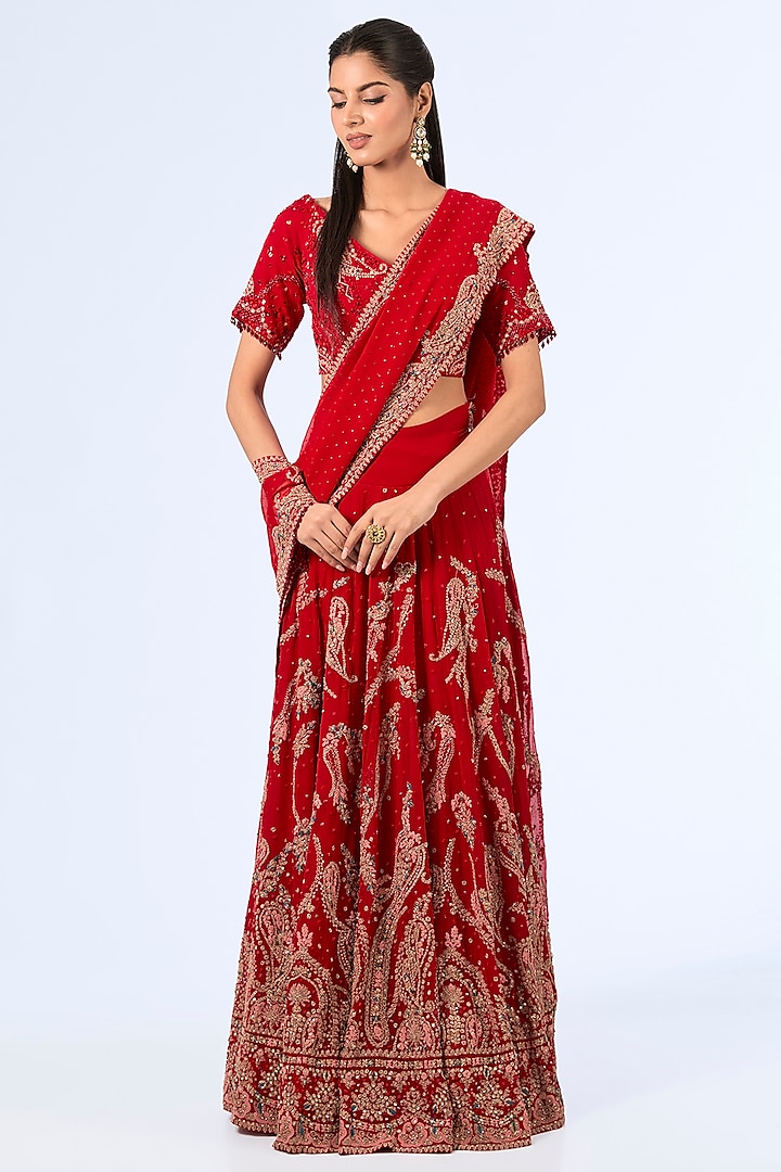 Red Chiffon Kasab Embroidered Pants Bridal Saree Set by Dolly J at Pernia's Pop Up Shop