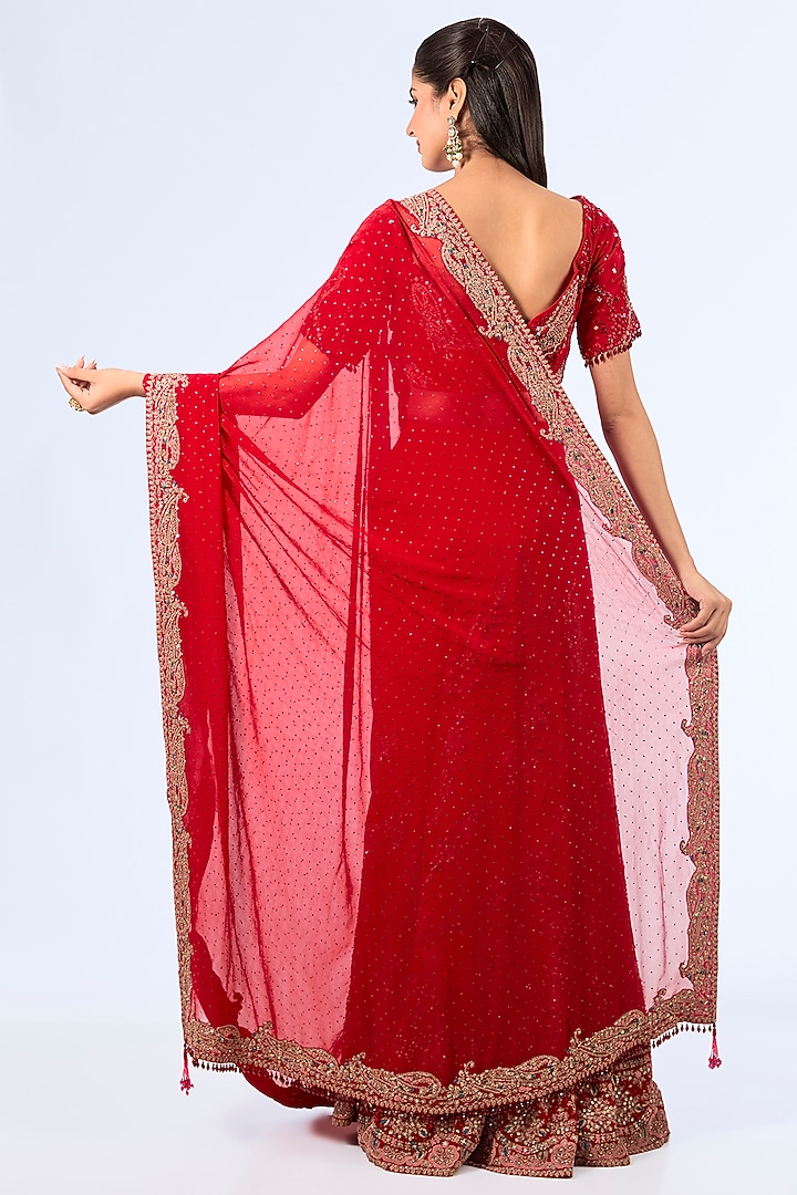 Red Chiffon Kasab Embroidered Pants Bridal Saree Set by Dolly J at Pernia's Pop Up Shop