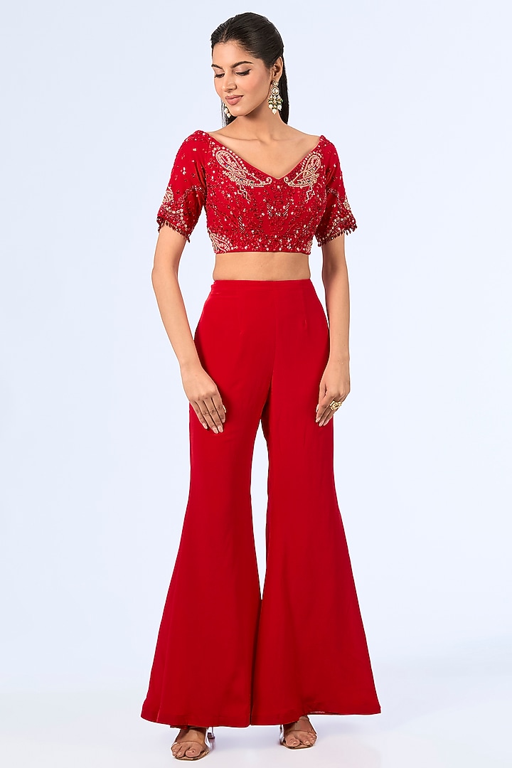 Red Chiffon Kasab Embroidered Pants Bridal Saree Set by Dolly J at Pernia's Pop Up Shop