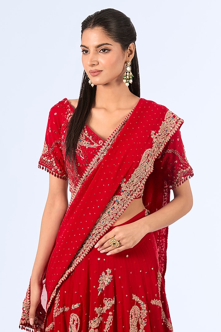Red Chiffon Kasab Embroidered Pants Bridal Saree Set by Dolly J at Pernia's Pop Up Shop
