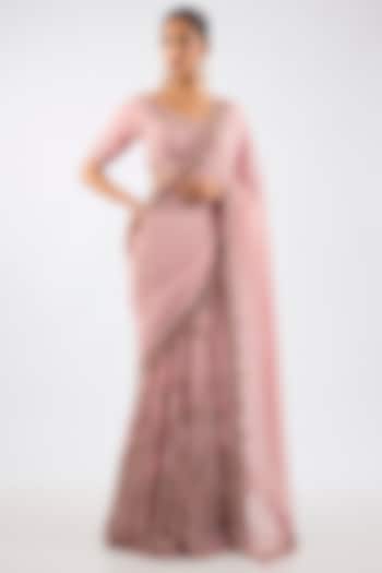 Blush Pink Chiffon Kasab Embroidered Lehenga Bridal Saree Set by Dolly J at Pernia's Pop Up Shop