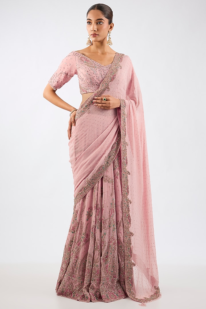Blush Pink Chiffon Kasab Embroidered Lehenga Bridal Saree Set by Dolly J at Pernia's Pop Up Shop