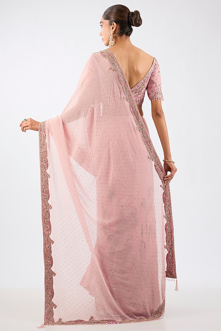 Blush Pink Chiffon Kasab Embroidered Lehenga Bridal Saree Set by Dolly J at Pernia's Pop Up Shop