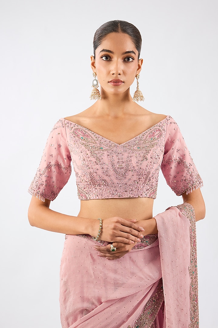 Blush Pink Chiffon Kasab Embroidered Lehenga Bridal Saree Set by Dolly J at Pernia's Pop Up Shop