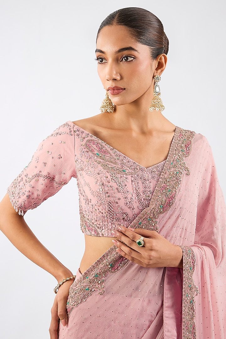 Blush Pink Chiffon Kasab Embroidered Lehenga Bridal Saree Set by Dolly J at Pernia's Pop Up Shop