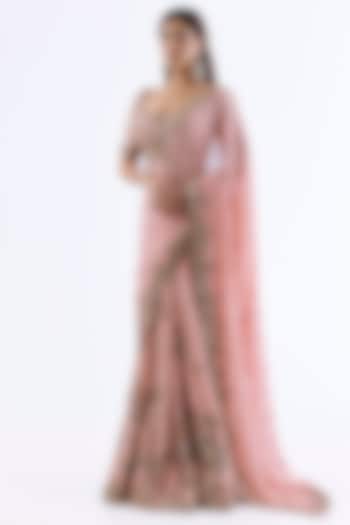 Blush Pink Chiffon Zardosi Embroidered Kalidar Bridal Saree Set by Dolly J at Pernia's Pop Up Shop