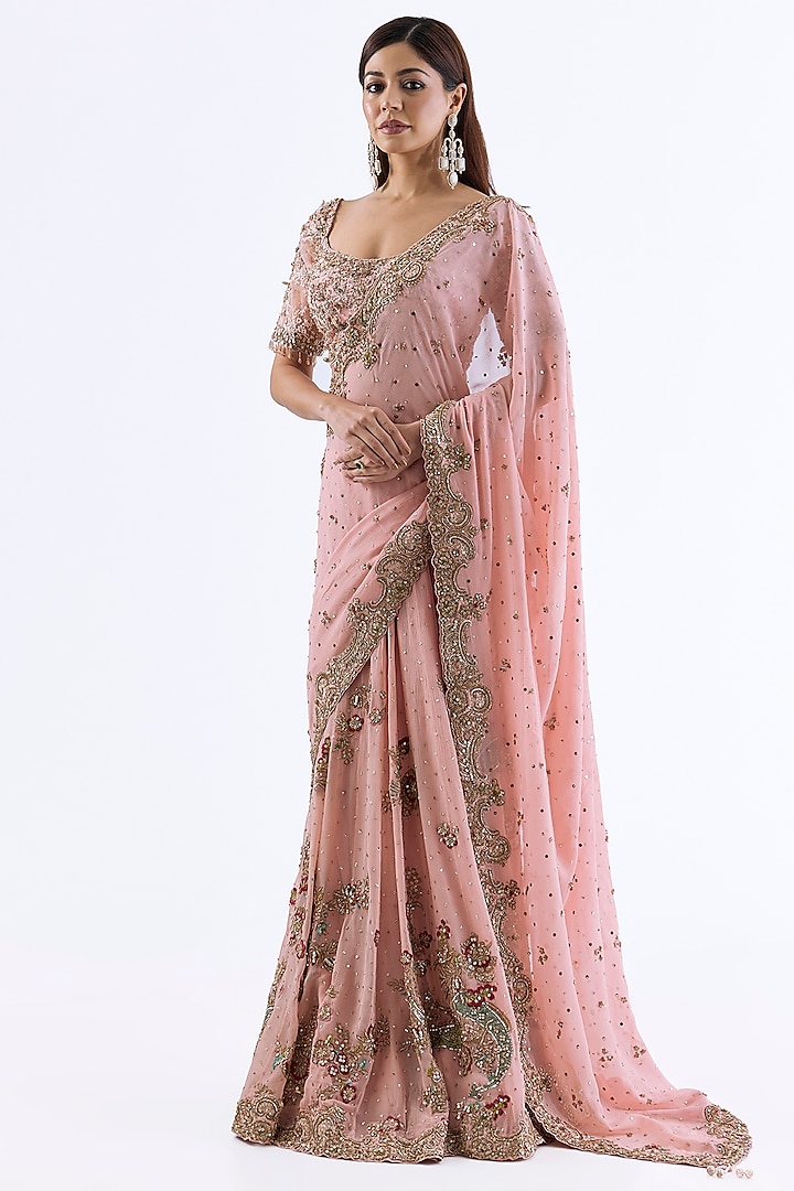 Blush Pink Chiffon Zardosi Embroidered Kalidar Bridal Saree Set by Dolly J at Pernia's Pop Up Shop