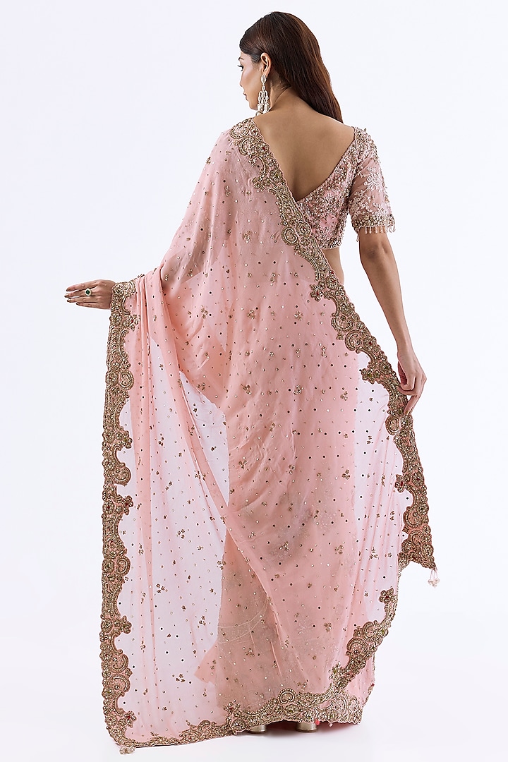 Blush Pink Chiffon Zardosi Embroidered Kalidar Bridal Saree Set by Dolly J at Pernia's Pop Up Shop