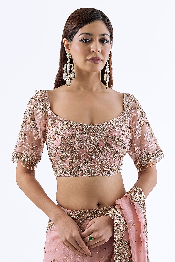 Blush Pink Chiffon Zardosi Embroidered Kalidar Bridal Saree Set by Dolly J at Pernia's Pop Up Shop