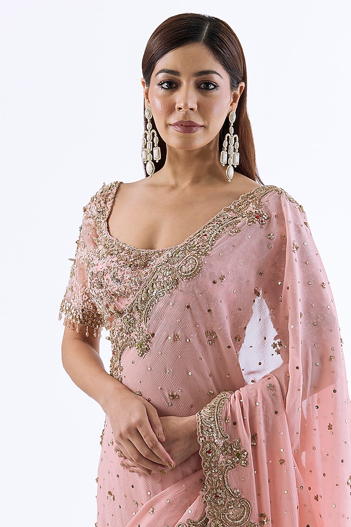 Blush Pink Chiffon Zardosi Embroidered Kalidar Bridal Saree Set by Dolly J at Pernia's Pop Up Shop