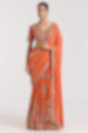 Orange Chiffon Silver Embroidered Kalidar Bridal Saree Set by Dolly J at Pernia's Pop Up Shop