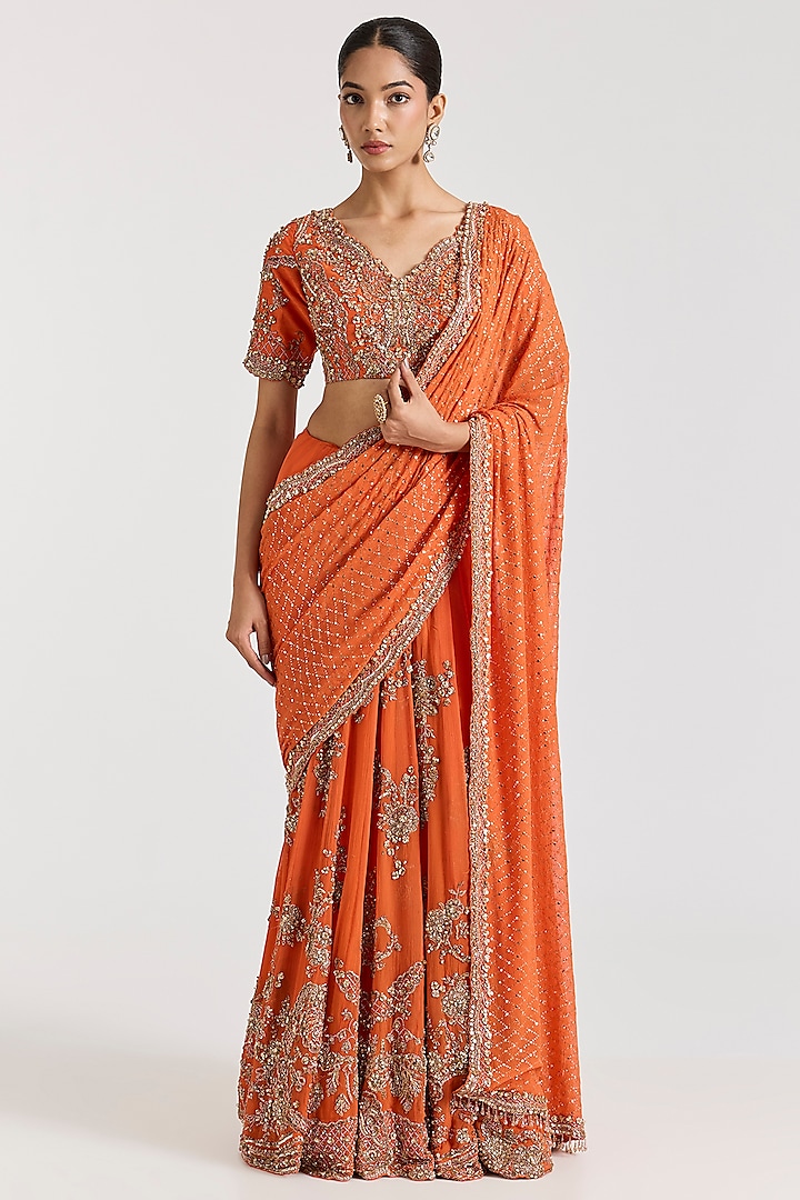 Orange Chiffon Silver Embroidered Kalidar Bridal Saree Set by Dolly J at Pernia's Pop Up Shop