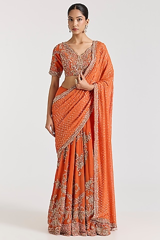 Orange Chiffon Silver Embroidered Kalidar Saree Set by Dolly J
